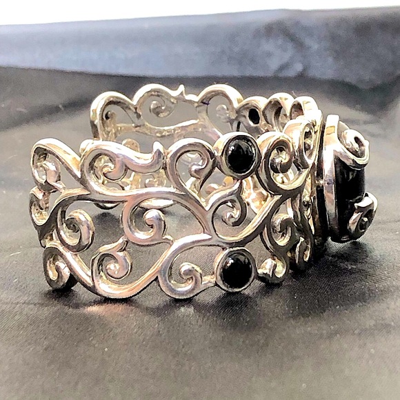 BARSE Black Onyx Cabochon Sterling Silver Scroll Filigree Cuff Bracelet MINT - Picture 12 of 15